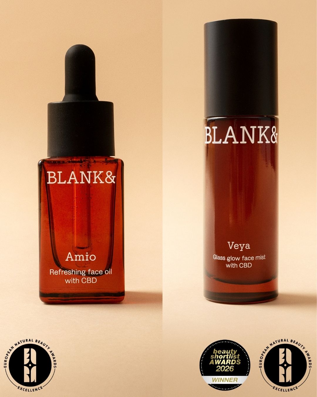 Two bottles of 'Blank & Co.' skincare products on a beige background with awards displayed.
