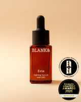 Blank & Evie calming face oil with CBD on a beige background with awards logos.