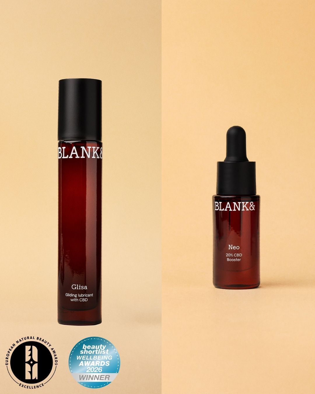 Two skincare products from BLANK& on a beige background with awards displayed.